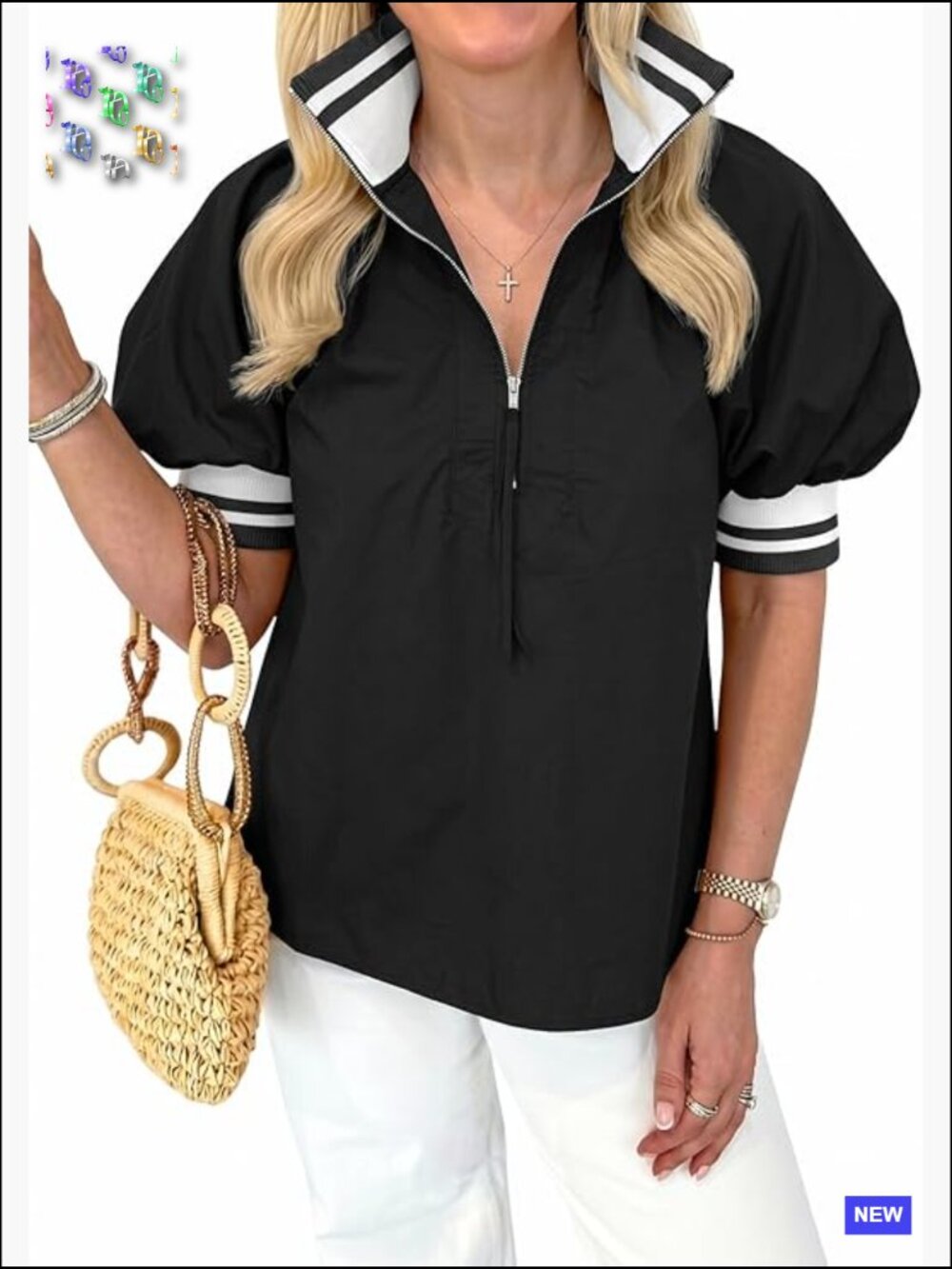 Puff Sleeve Half Zip V Neck Blouse Color Block Tunic Dressy Casual Summer Top